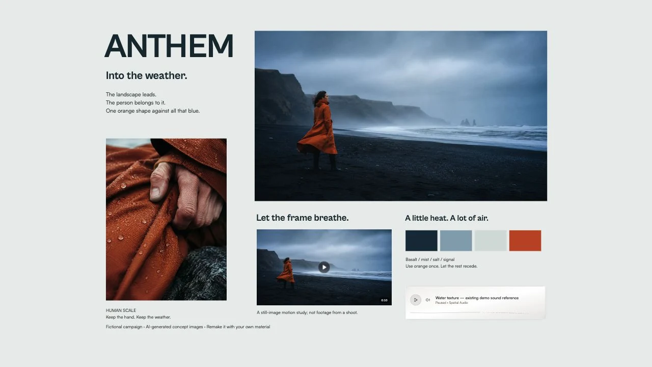 Screenshot of the actual Anthem canvas: image thesis, detail, motion study, palette, and sound
