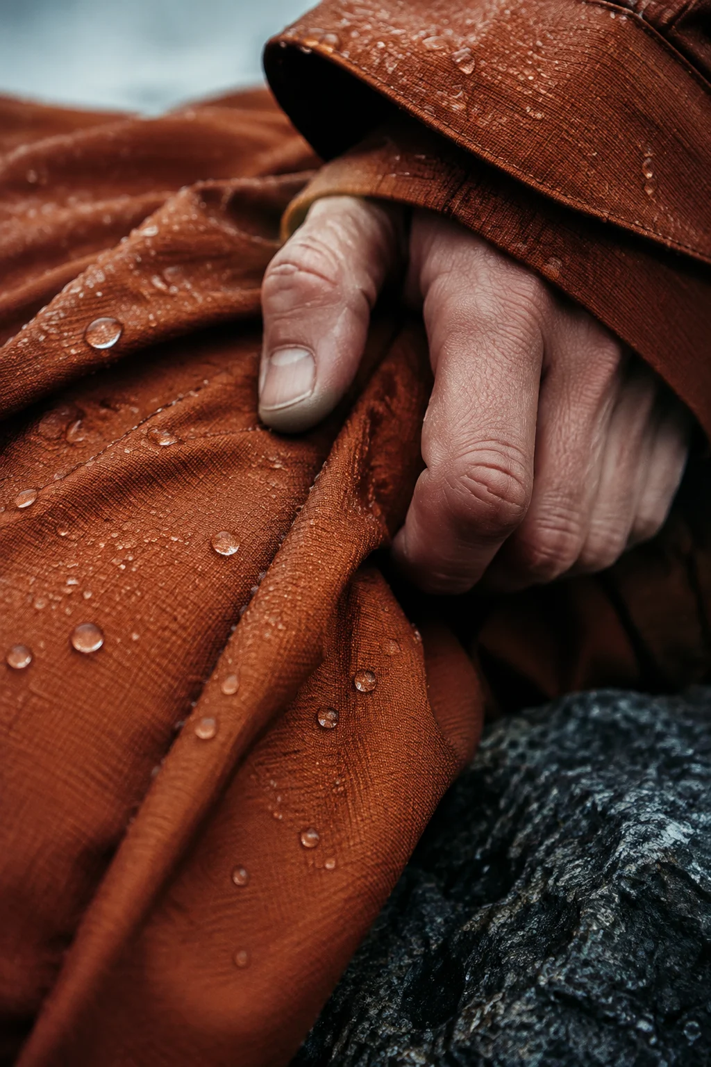 Generated detail study: hand, rain, and orange technical fabric