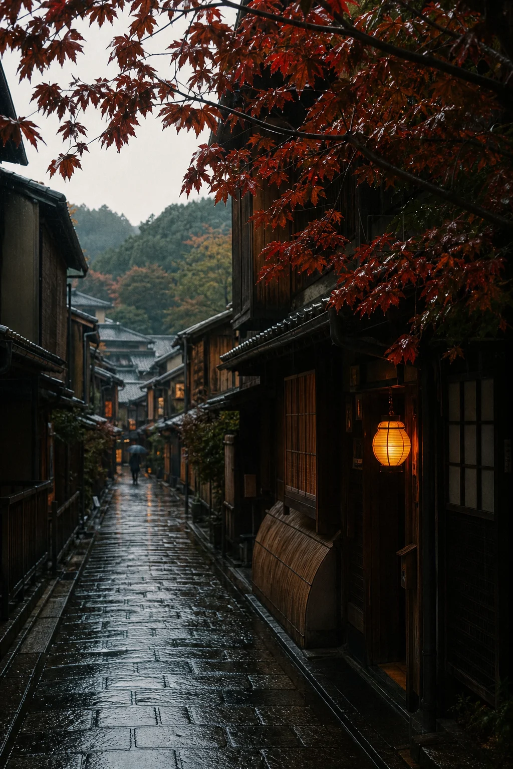 Generated Kyoto-inspired lane study: rain, timber, and lantern light