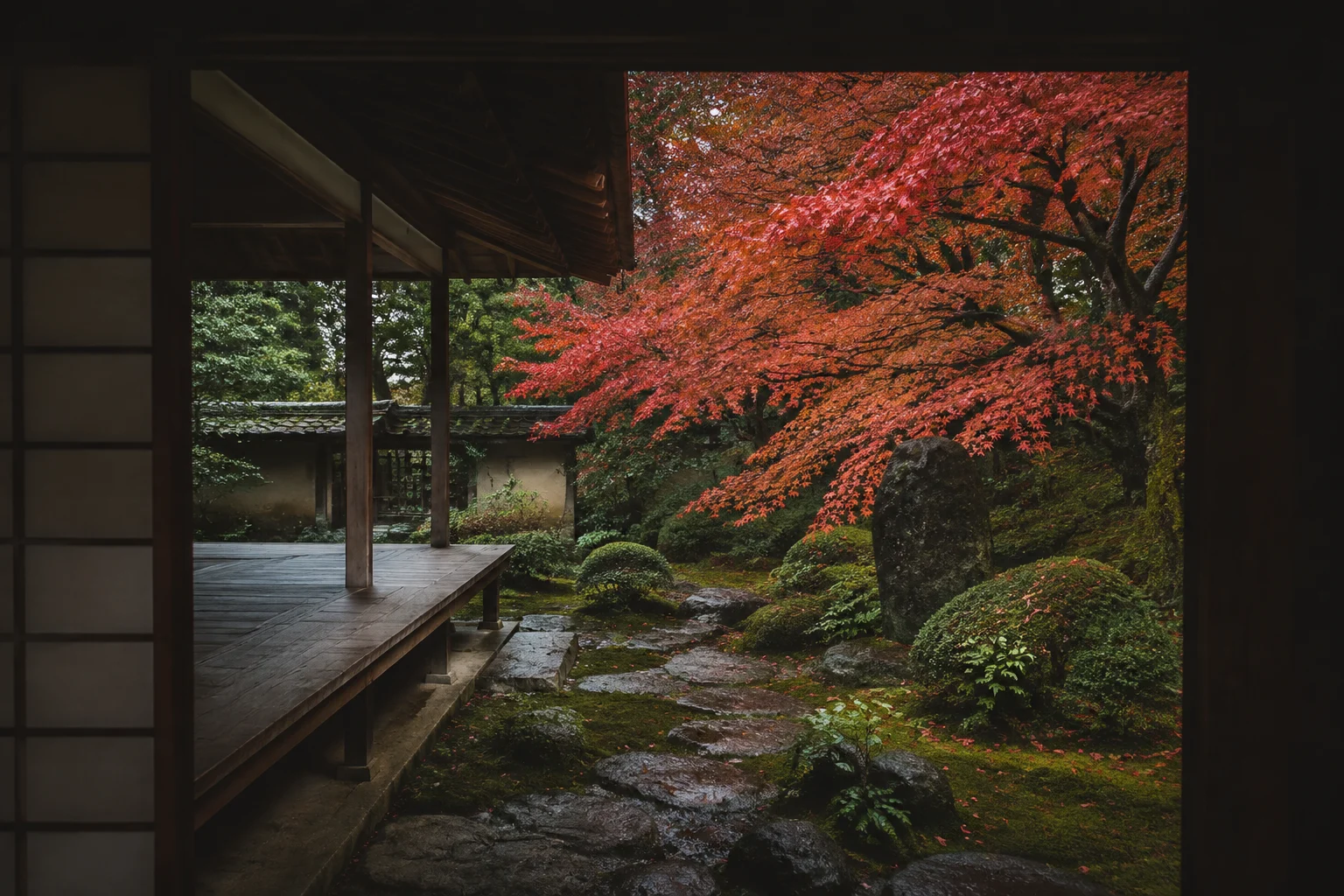 Generated Kyoto-inspired garden study: maple, moss, and timber